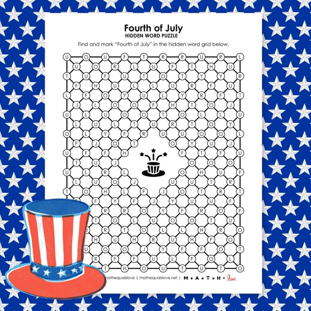 fourth of july hidden word puzzle for independence day.