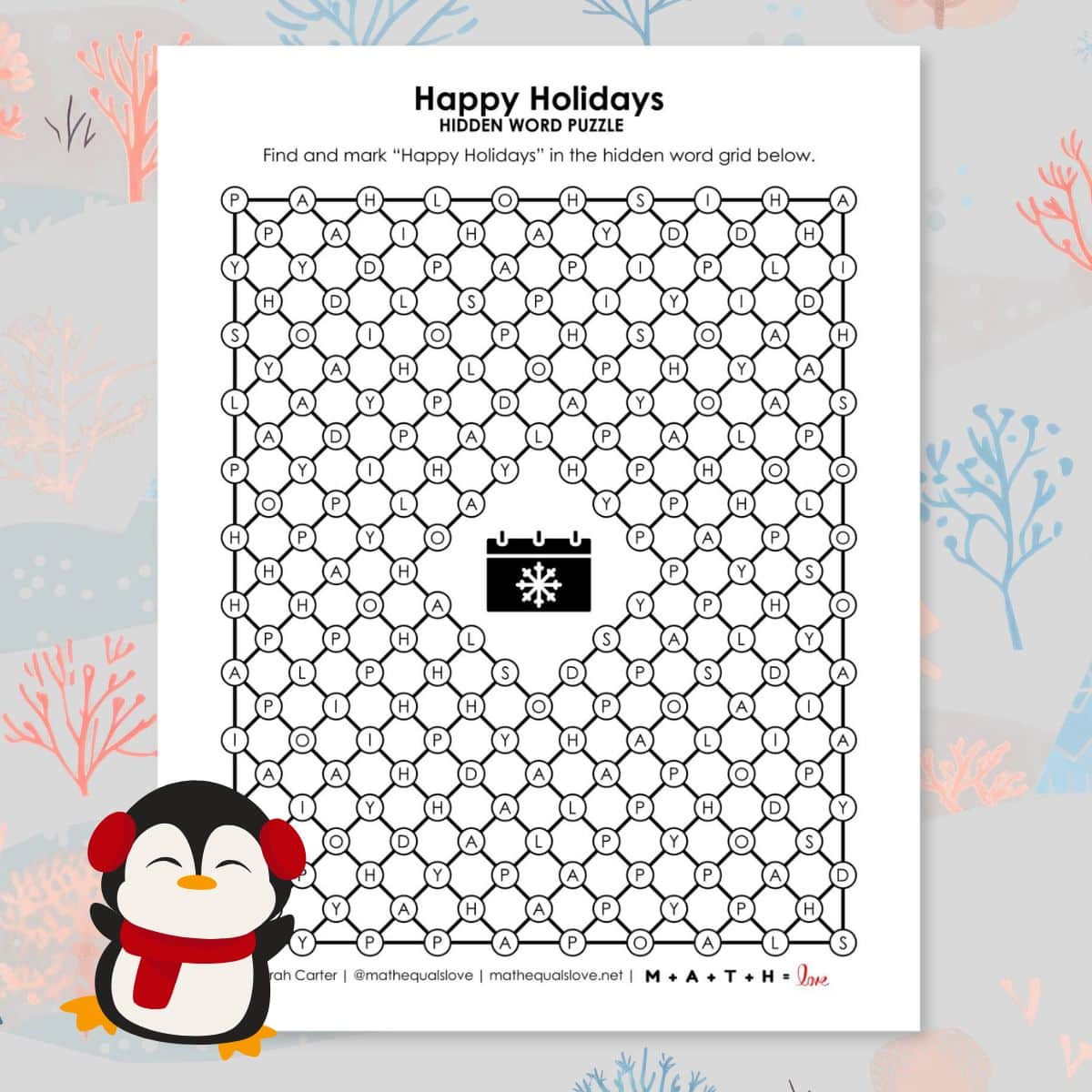 happy holidays hidden word puzzle.