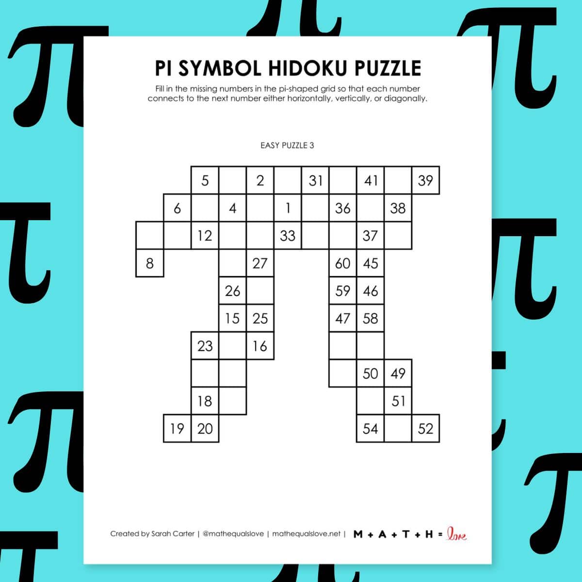 pi symbol hidoku logic puzzle for pi day.