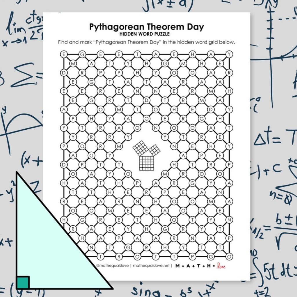 Pythagorean Theorem Day Hidden Word Puzzle.