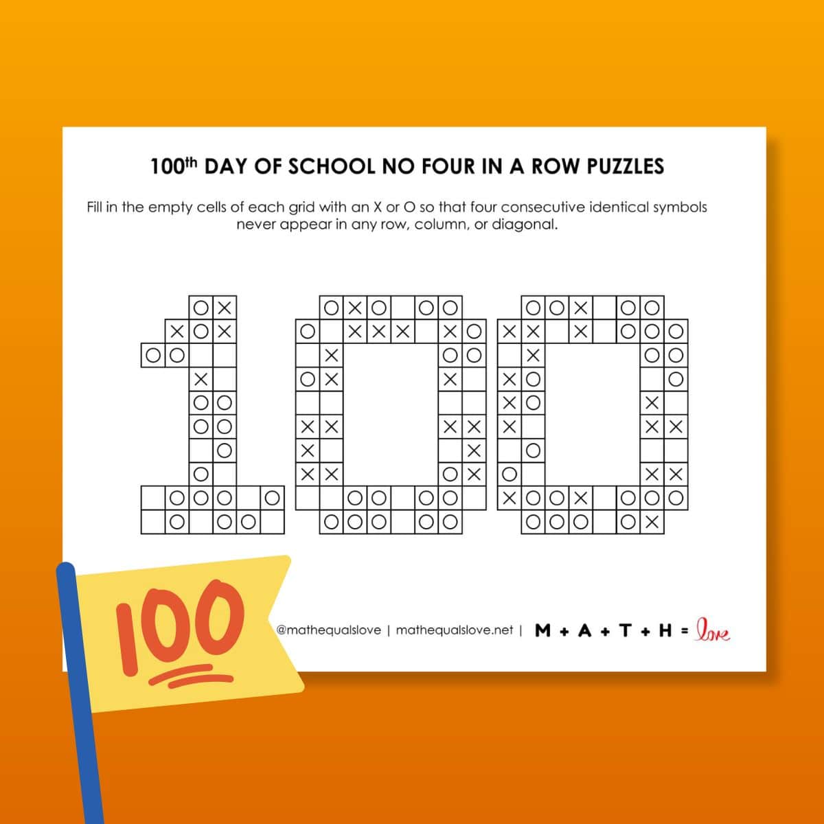 100 days of school no four in a row logic puzzle.