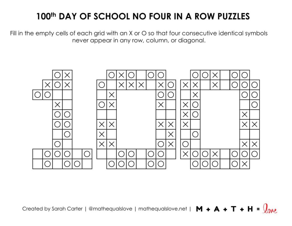 100th day of school logic puzzle called no four in a row.