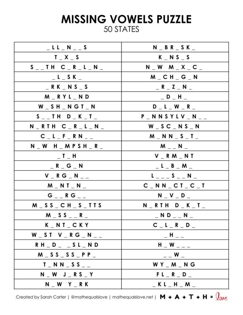 50 states missing vowels puzzle with blanks to fill in. 