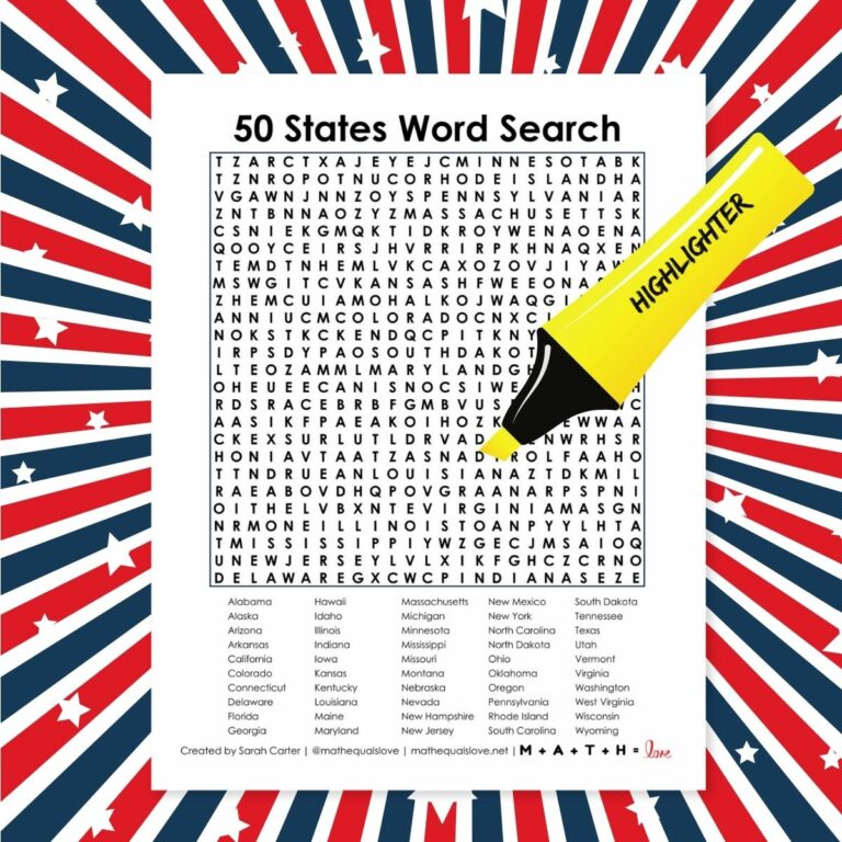 50 States of America Word Search Puzzle Free Printable PDF.