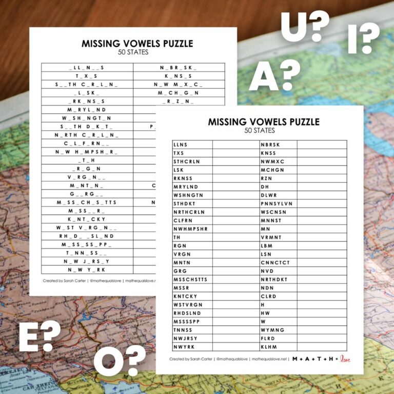 50 states missing vowels puzzle printable pdf.