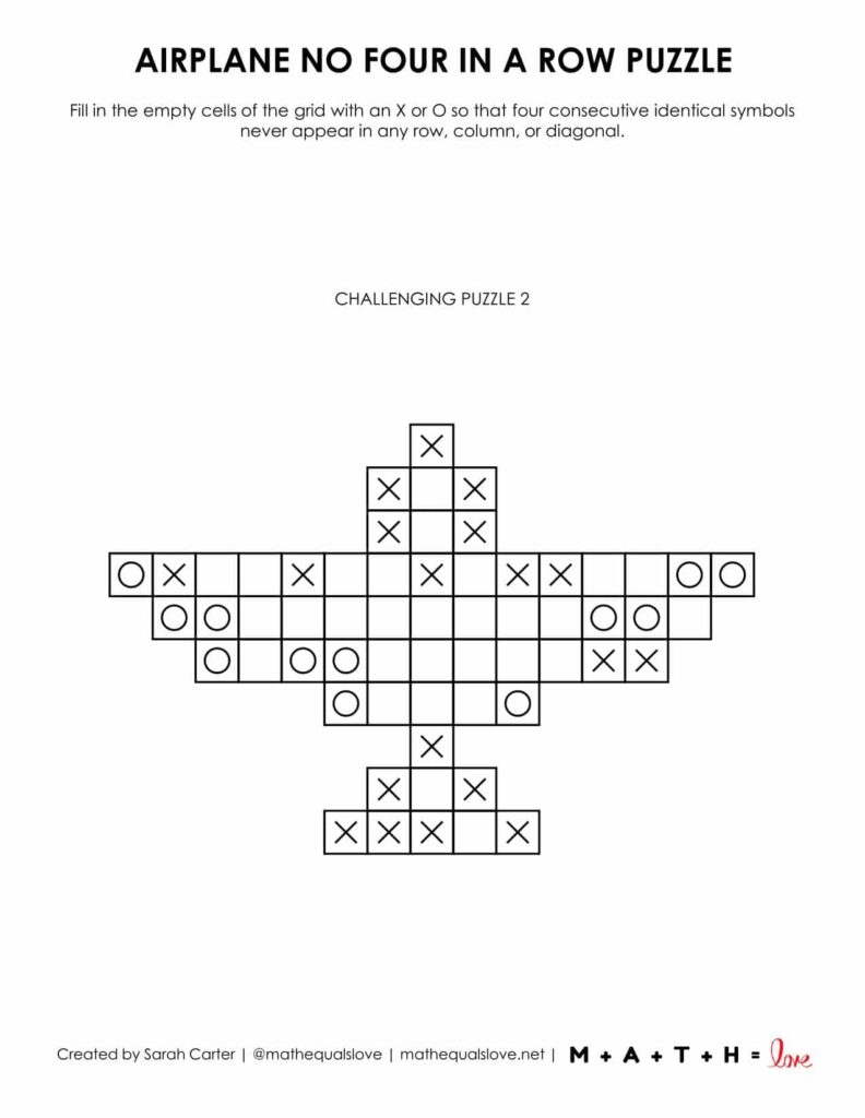 Airplane No Four in a Row Logic Puzzle Printable. 