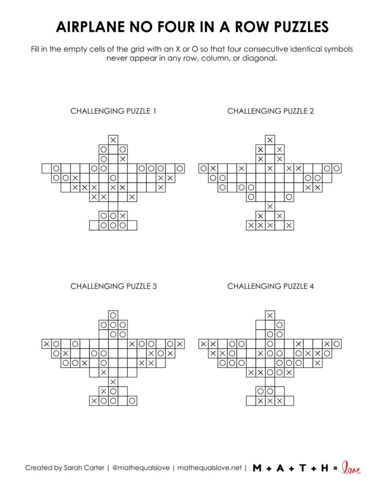 airplane no four in a row puzzles with 4 to a page. 