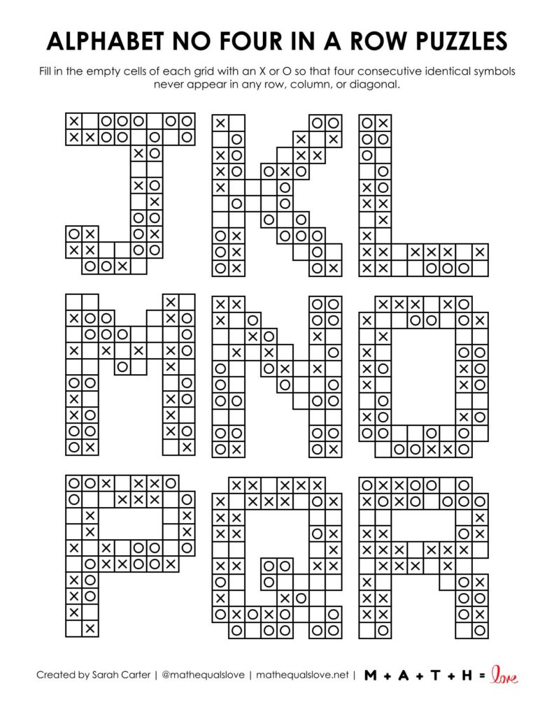 second page of alphabet a-z no four in a row logic puzzles pdf. 