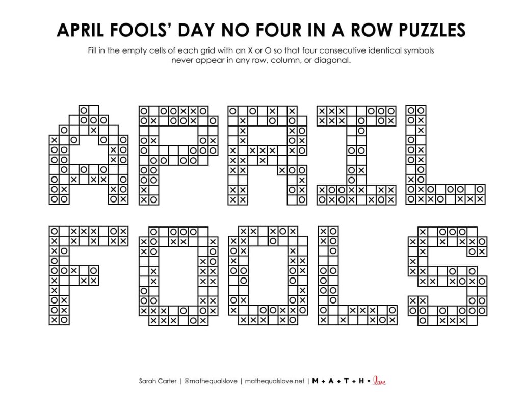 April Fools' Day No Four in a Row Logic Puzzles.