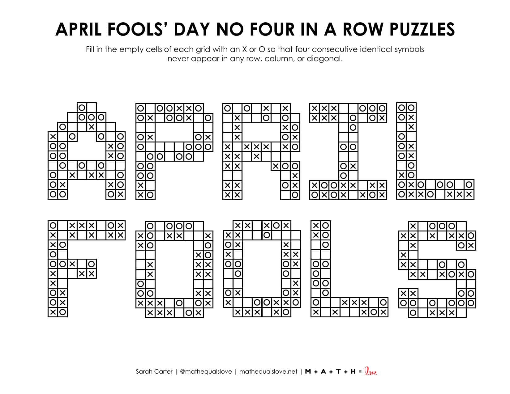 April Fools' Day No Four in a Row Puzzles | Math = Love