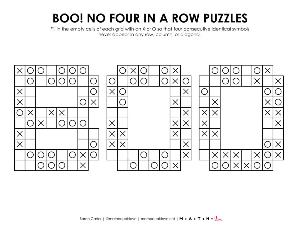Boo No Four in a Row Logic Puzzle for Halloween. PDF. 