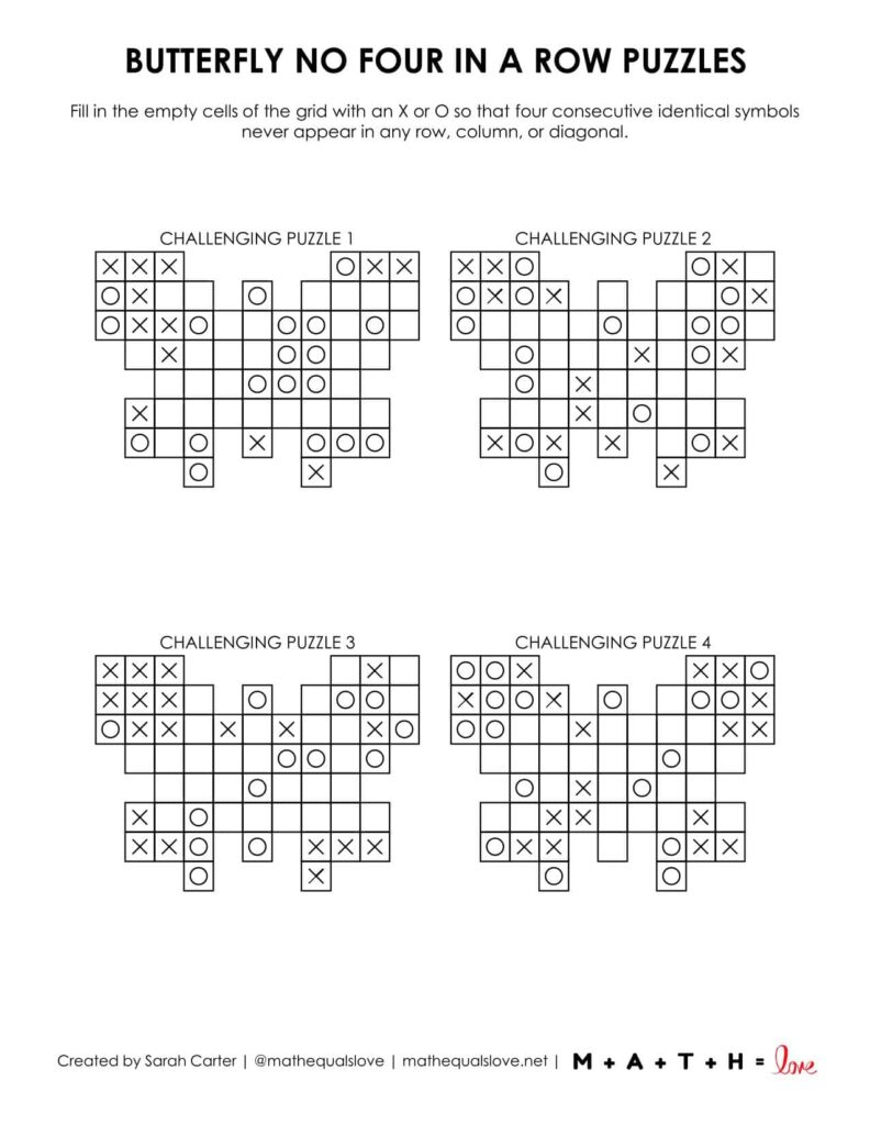 butterfly no four in a row puzzle with 4 puzzles to a page.