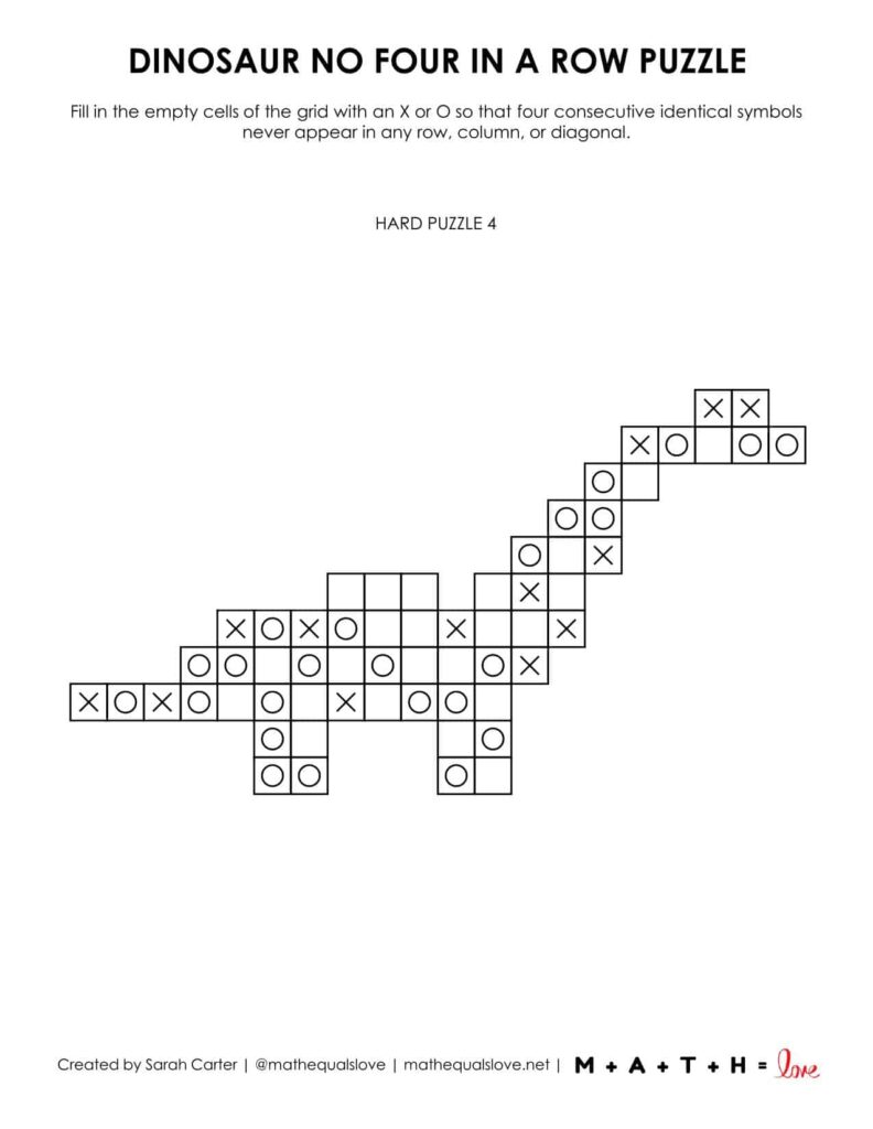dinosaur no four in a row logic puzzle - 1 puzzle per page option. 