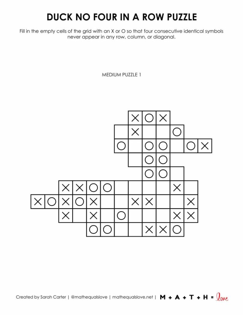 duck no four in a row logic puzzle printable pdf.