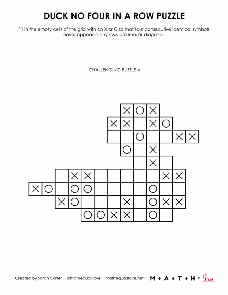 duck no four in a row puzzle - 1 puzzle to a page printing option.