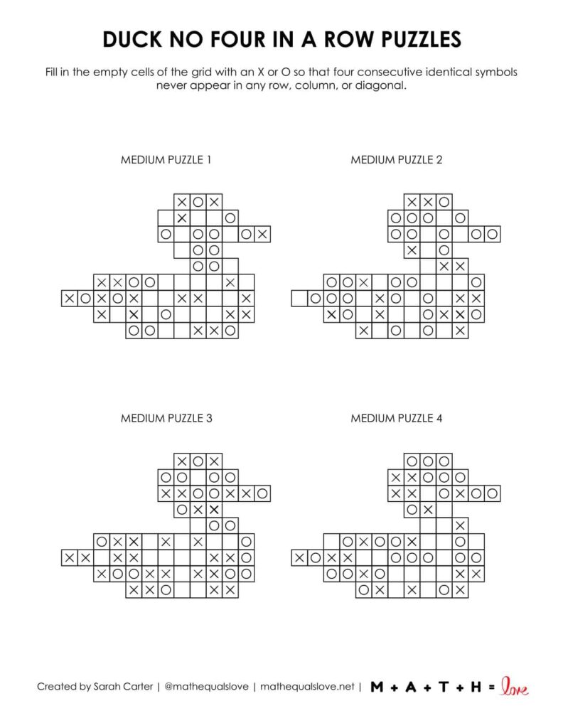 duck no four in a row puzzles with 4 to a page printing option.