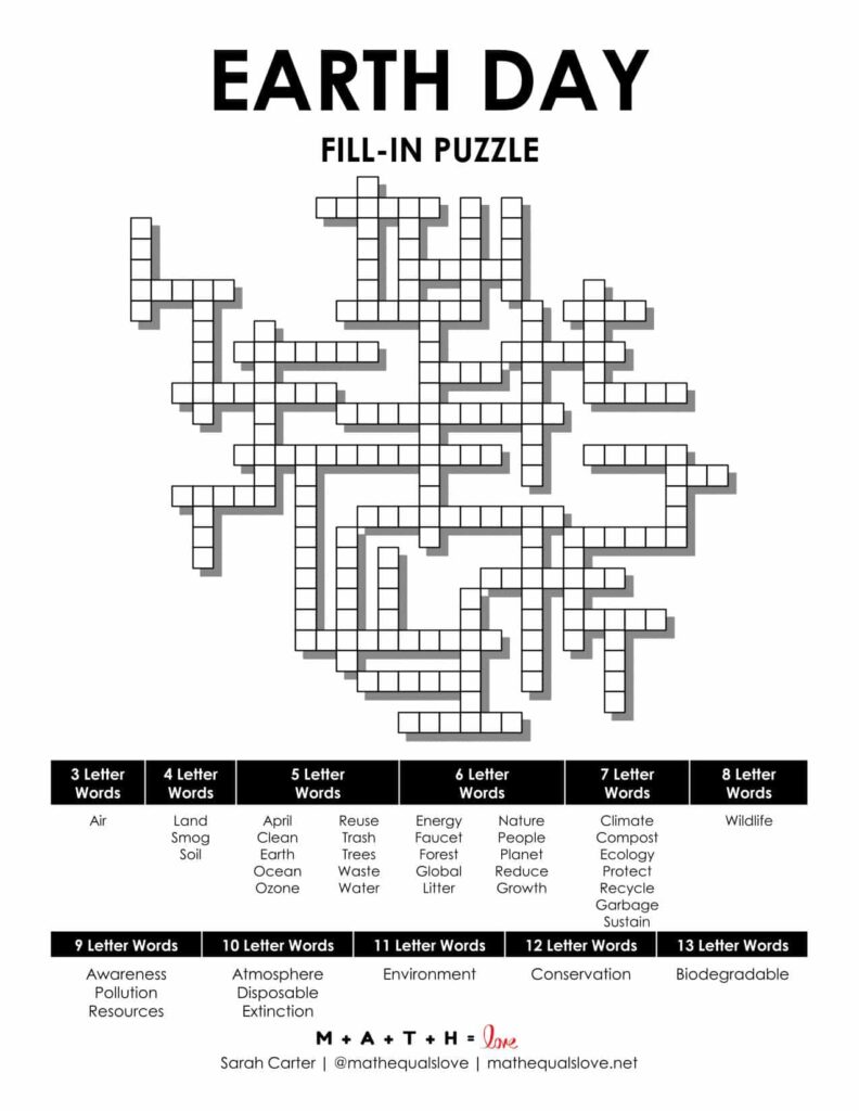 earth day fill in puzzle printable pdf.