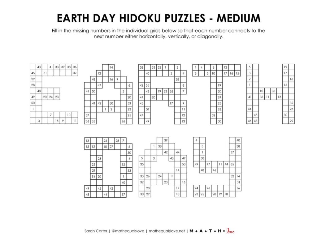 Earth Day Hidoku Logic Puzzle Printable PDF.