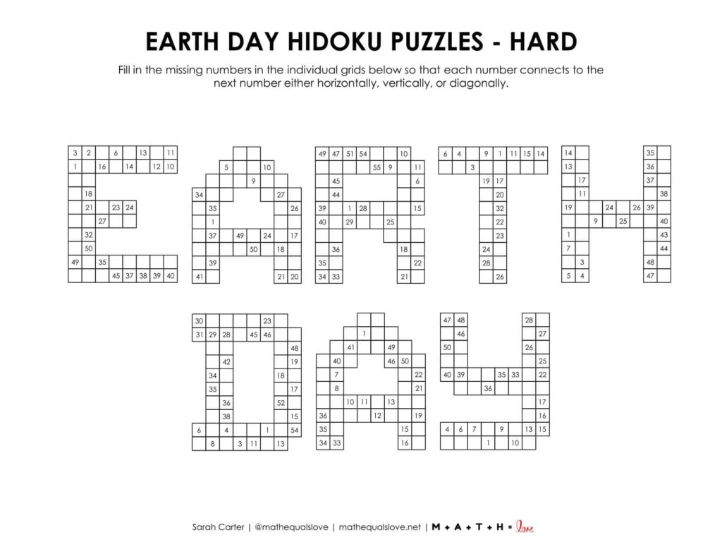 Earth Day Hidoku PUzzles Level Hard.