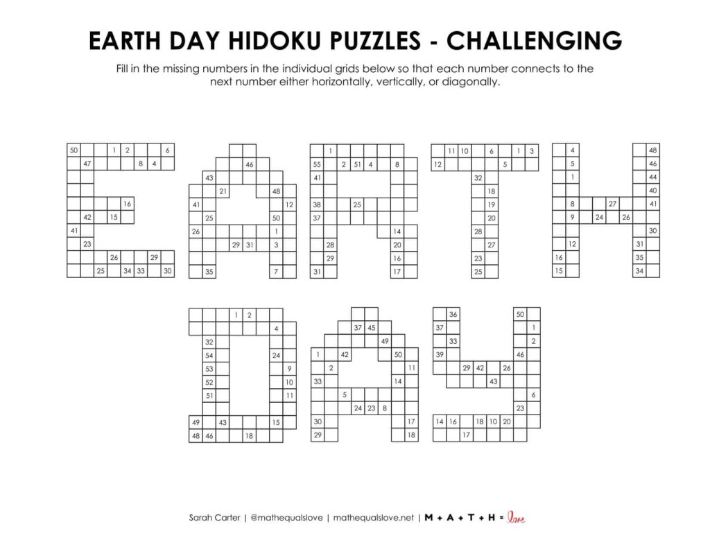 Earth Day Hidoku Puzzles LEvel Challenging.