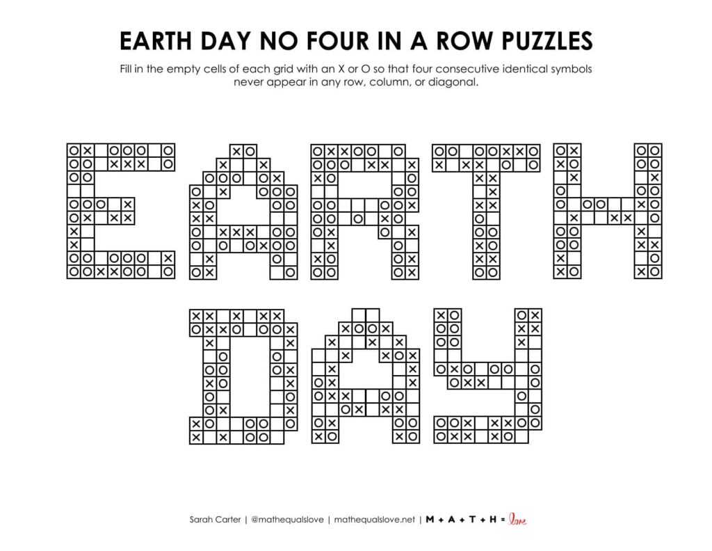 Earth Day No Four in a Row Puzzles.