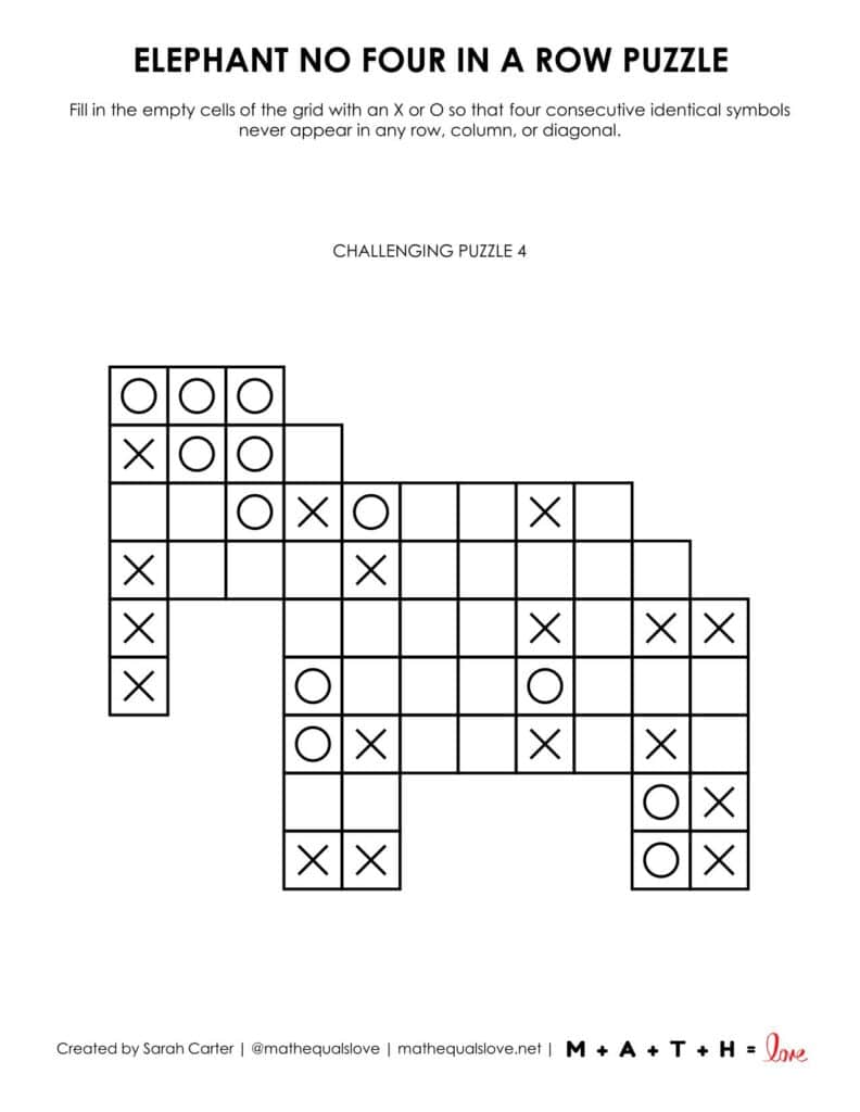elephant no four in a row puzzle with 1 puzzle per page. 
