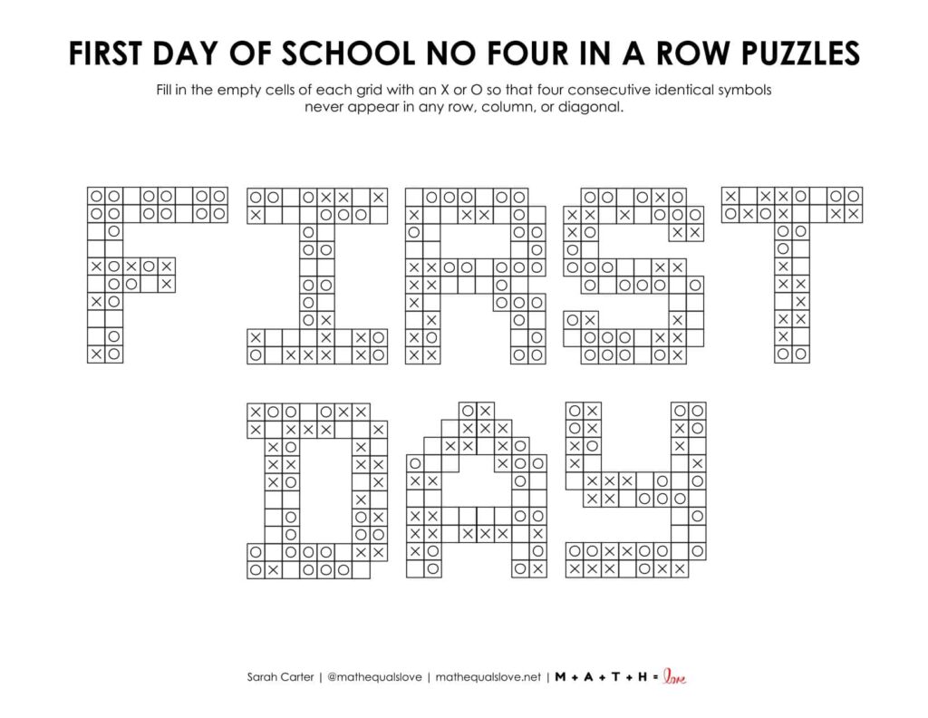 First Day of School No Four in a Row Logic puzzle pdf. 