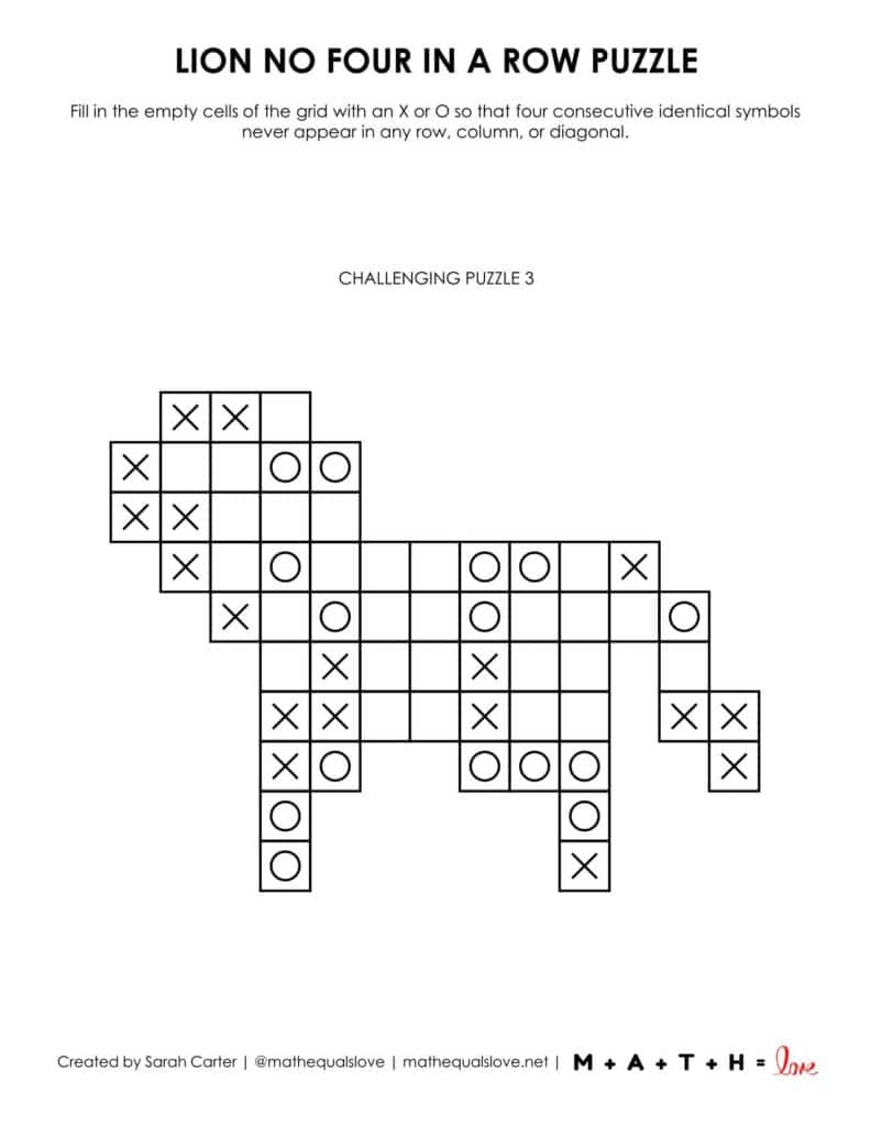 lion no four in a row puzzle screenshot. 1 to a page option. 