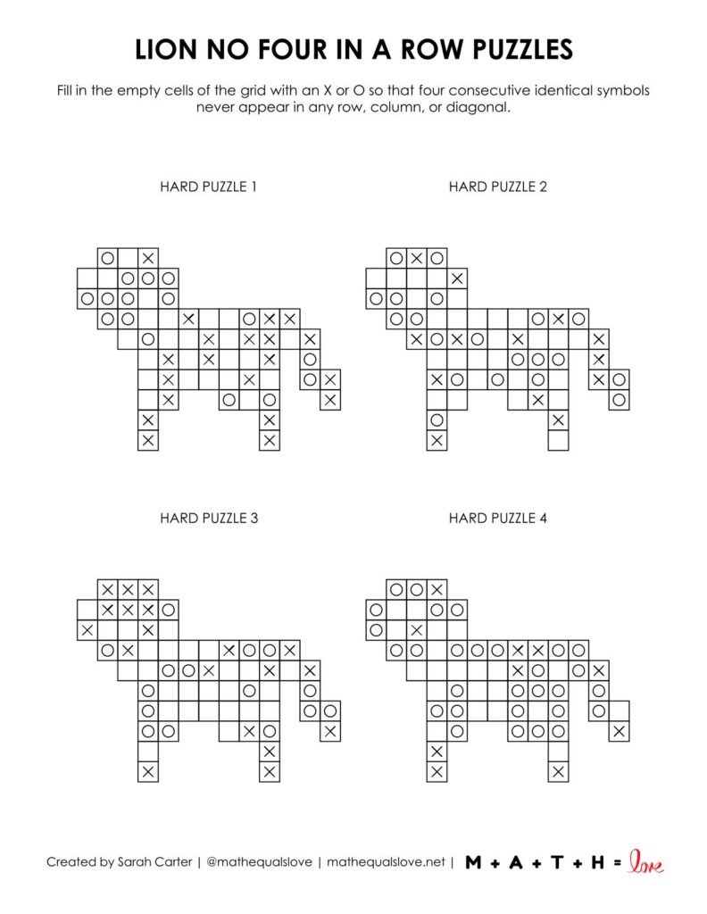 lion no four in a row puzzle - 4 to a page option. 