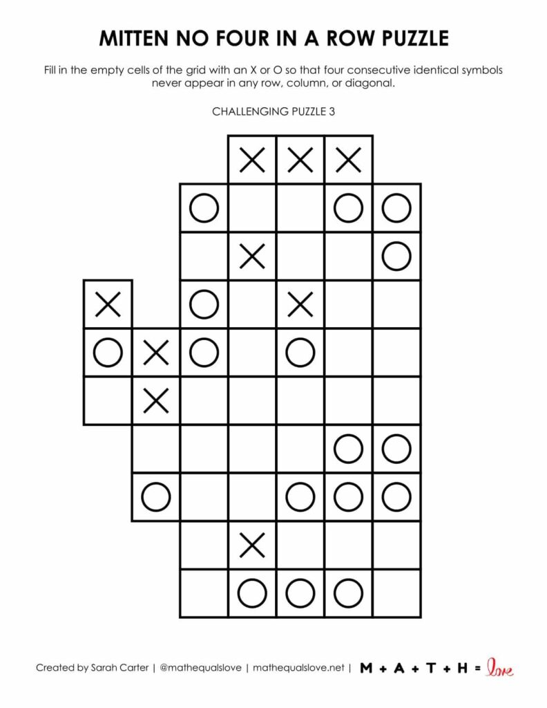 Mitten No Four in a Row Logic Puzzle. 