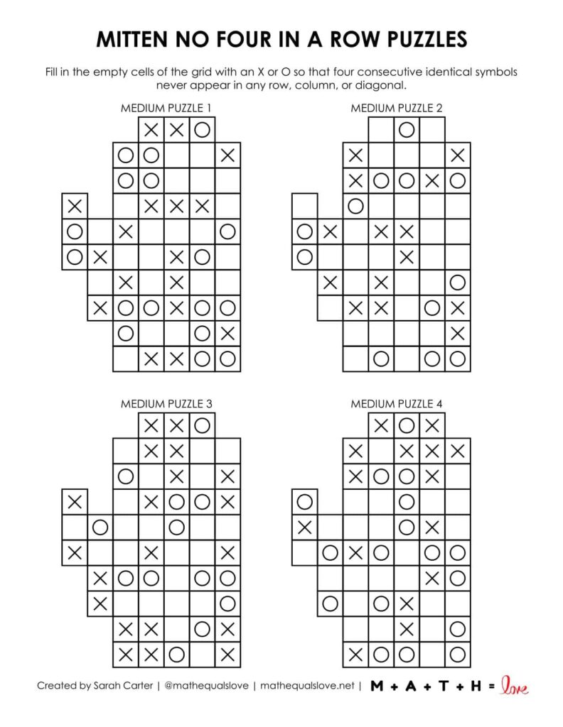 mitten no four in a row puzzle - 4 to a page. 