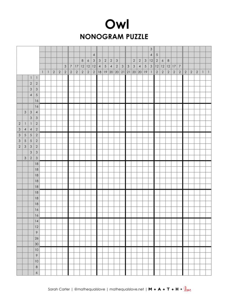 owl nonogram puzzle printable pdf.