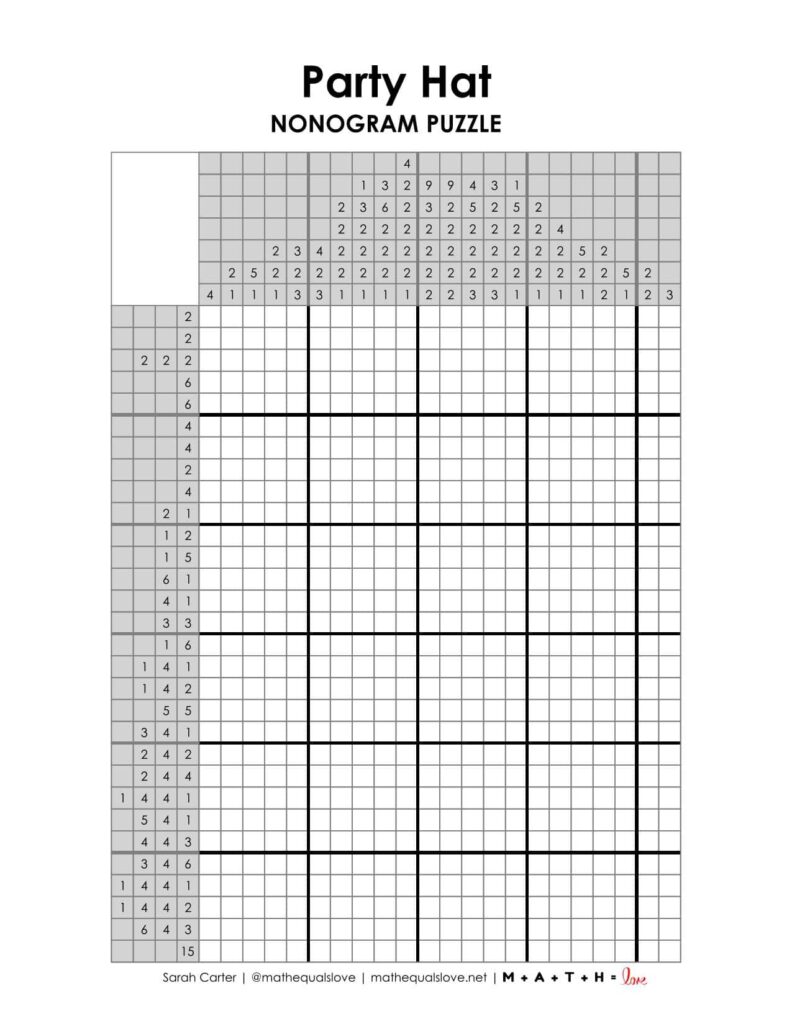 birthday party hat nonogram printable pdf.
