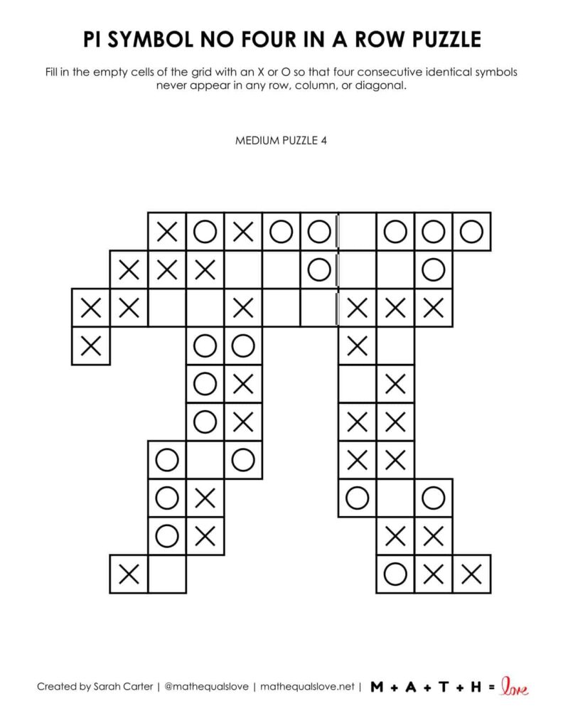 pi symbol no four in a row puzzle - level medium.
