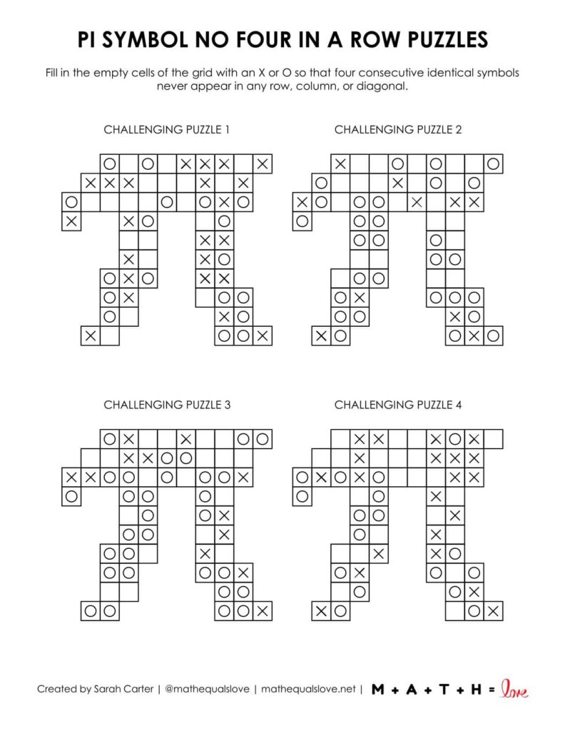 pi symbol no four in a row puzzles - 4 to a page printing option.