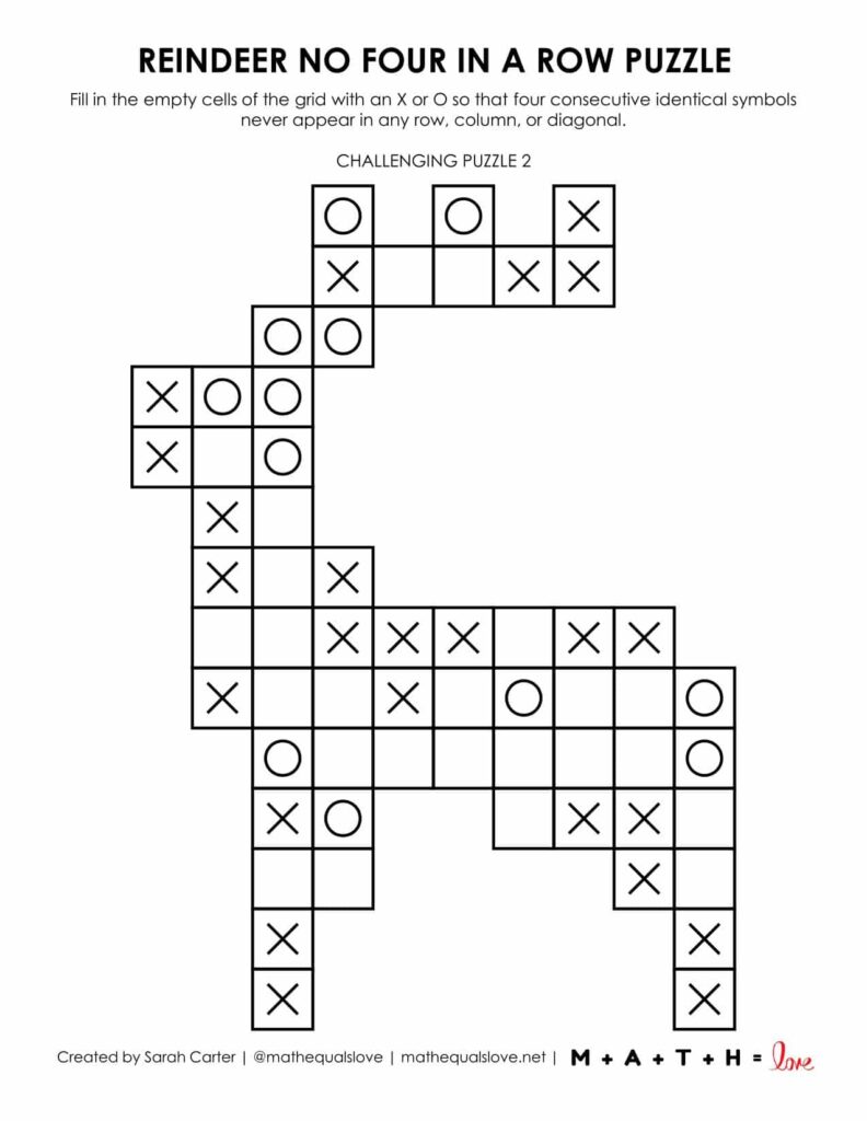 reindeer no four in a row logic puzzle for christmas. 