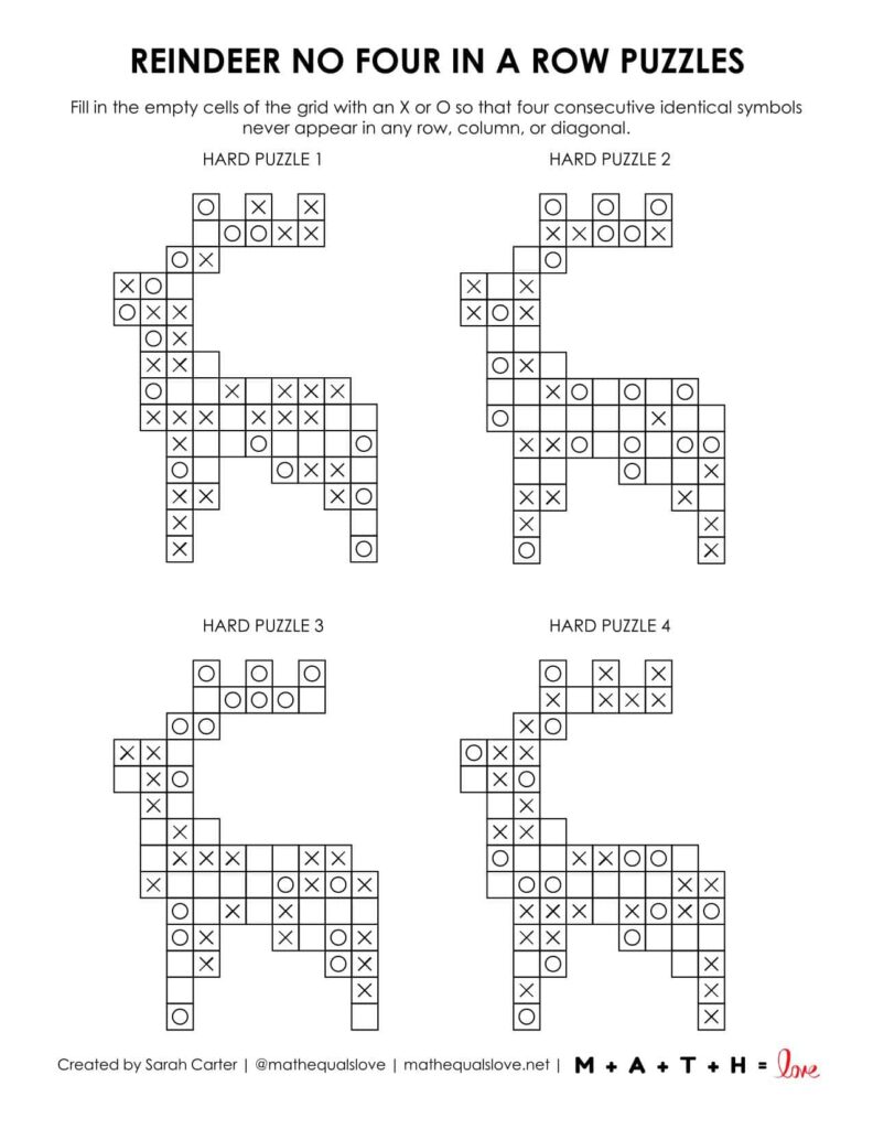 reindeer no four in a row logic puzzle - 4 to  a page print option. 