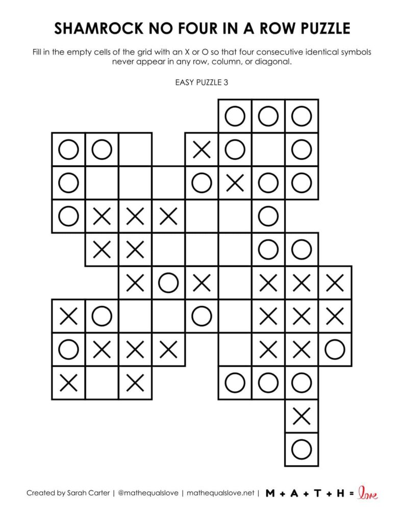 Shamrock No Four in a Row Logic Puzzle Instructions.