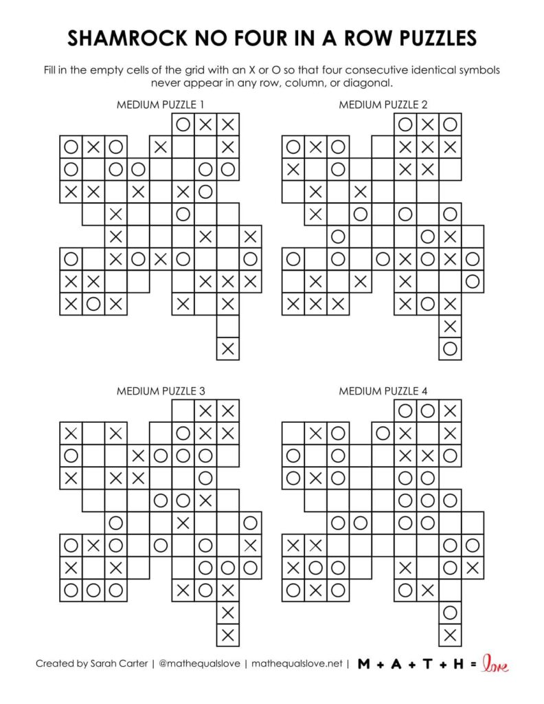 Shamrock No Four in a Row Puzzles - 4 Puzzles to a page Option (medium).