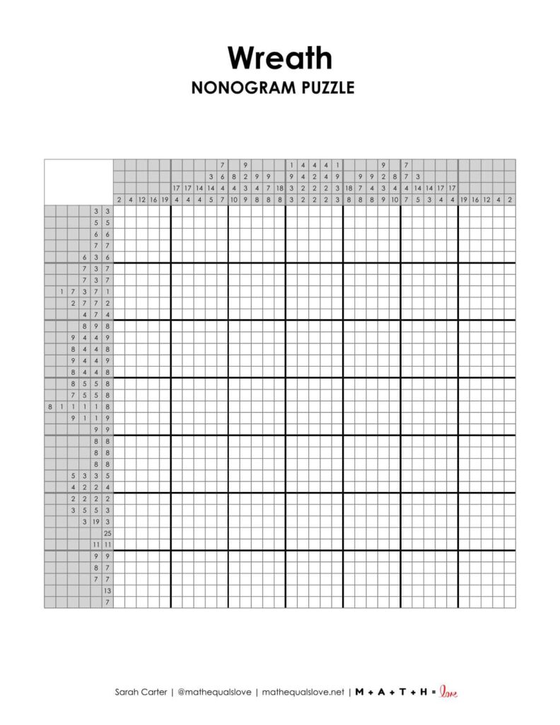 christmas wreath nonogram puzzle printable logic puzzle. 