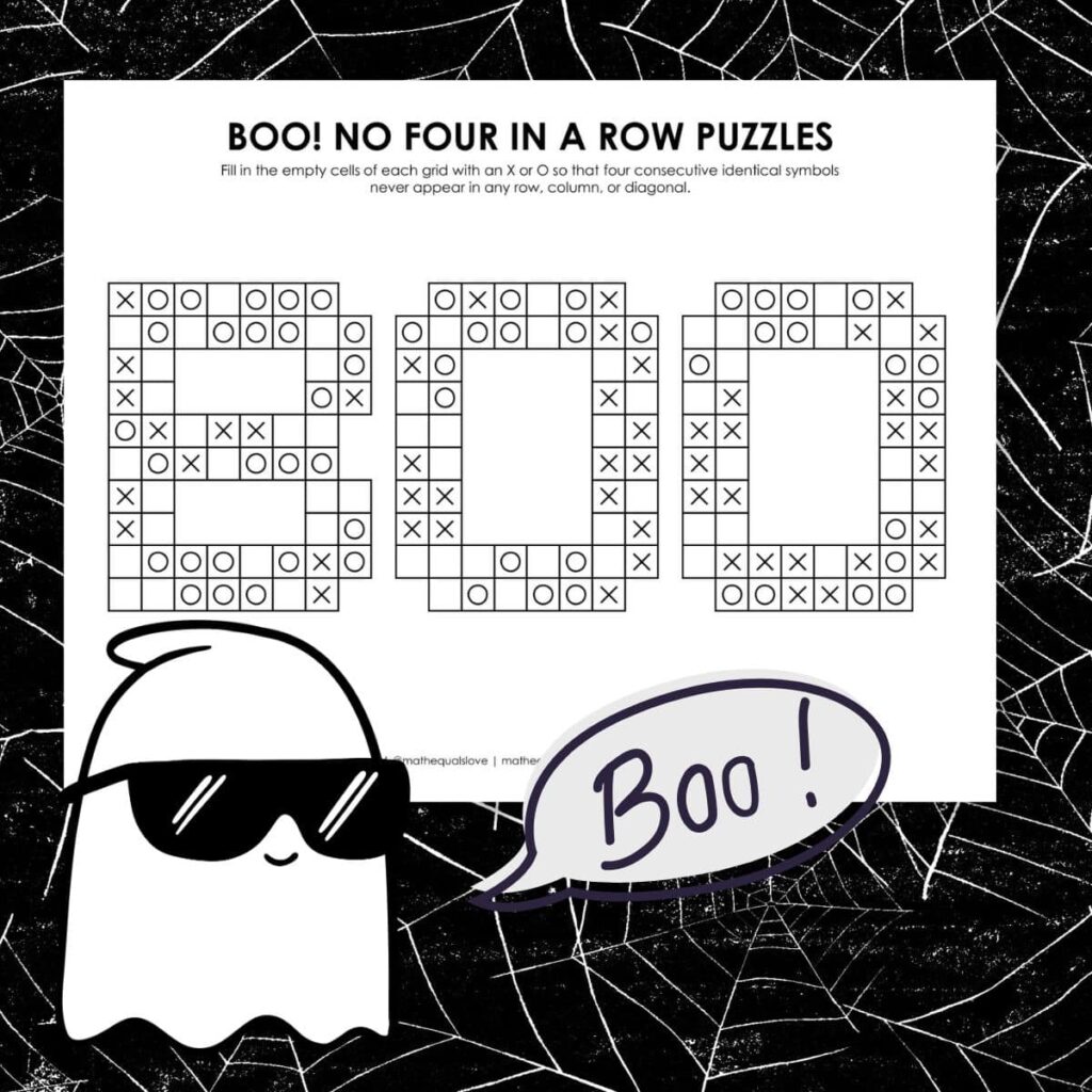 boo! no four in a row logic puzzle for halloween. 