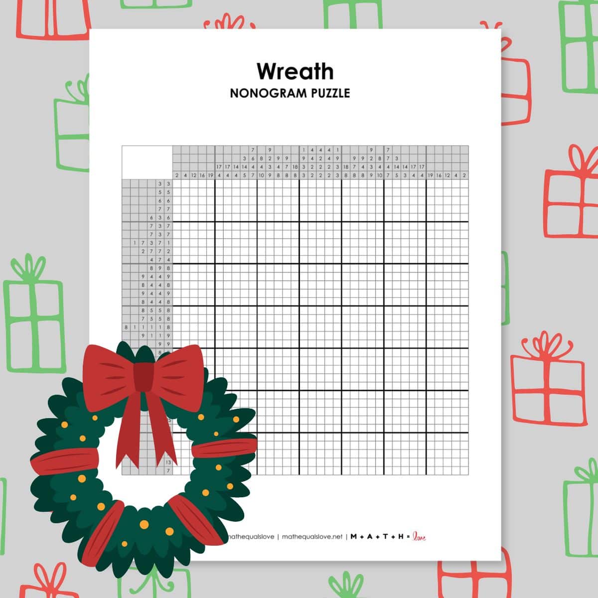 christmas wreath nonogram printable logic puzzle.