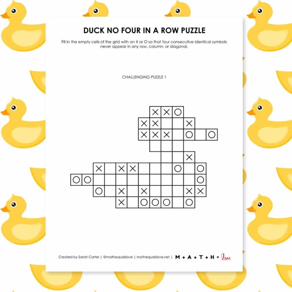 duck no four in a row logic puzzle printable.