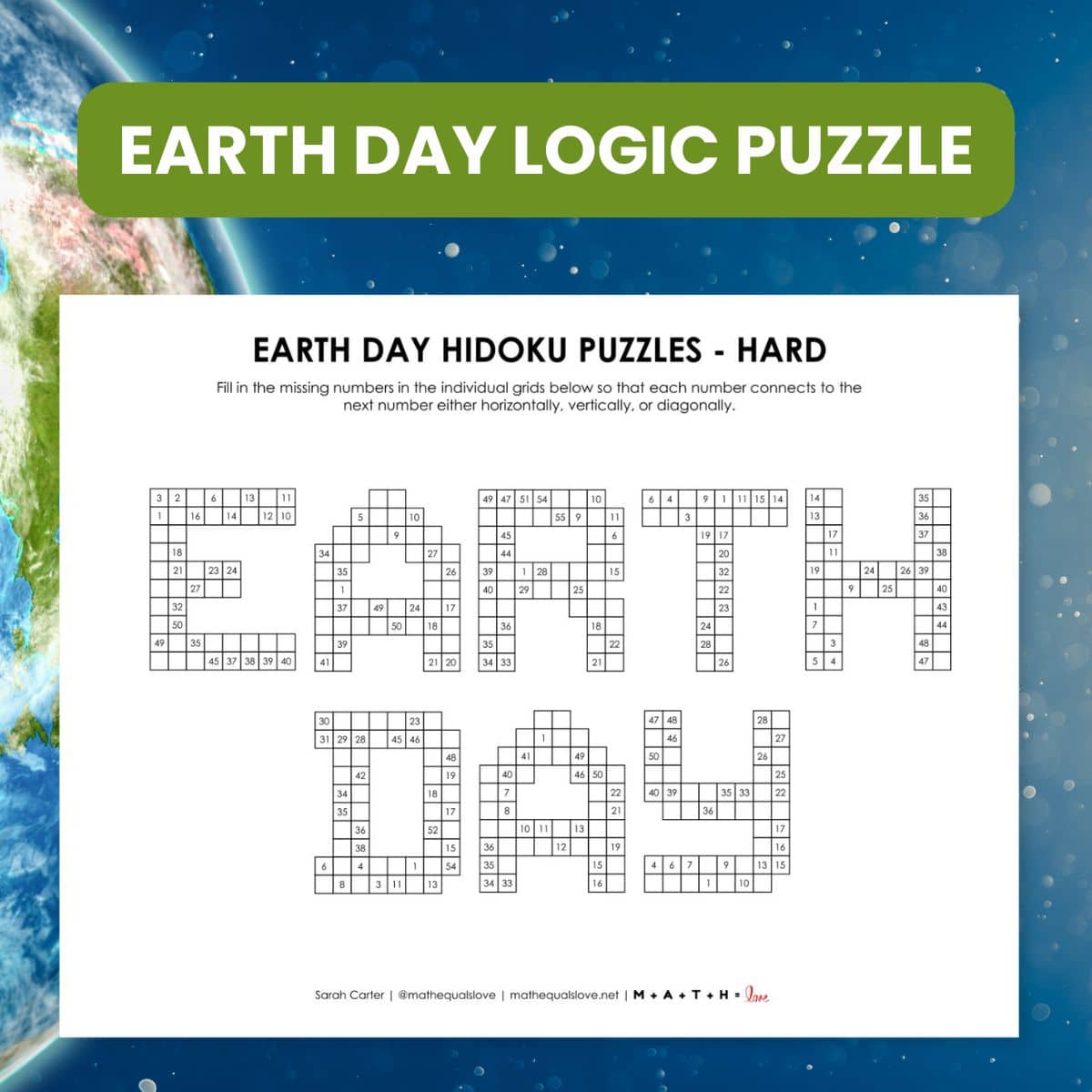 Earth Day Hidoku Logic Puzzles Printable PDF.