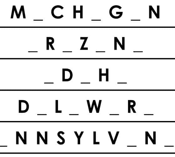 close-up of missing vowels puzzle. 