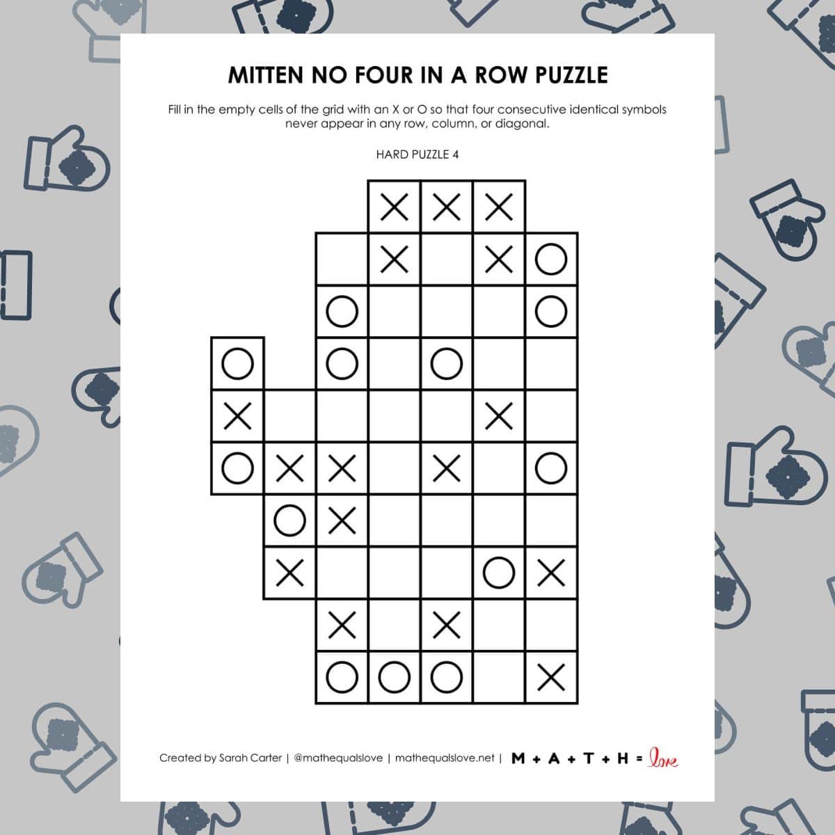 mitten no four in a row logic puzzle for winter.