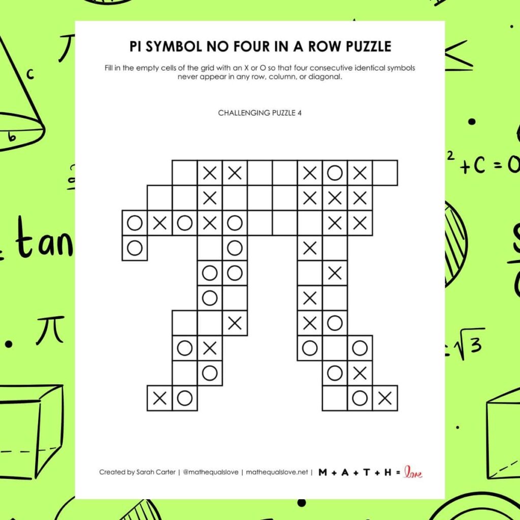 pi symbol no four in a row logic puzzles.