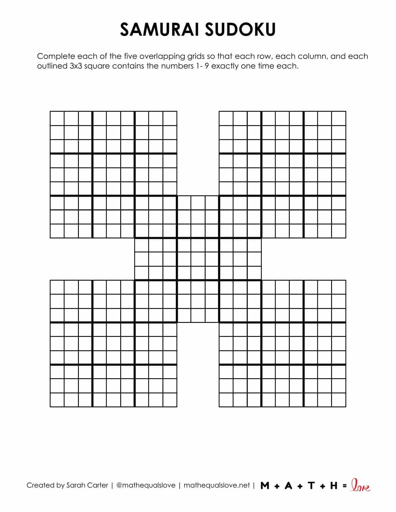 Samurai Sudoku Blank Grid Printable | Math = Love