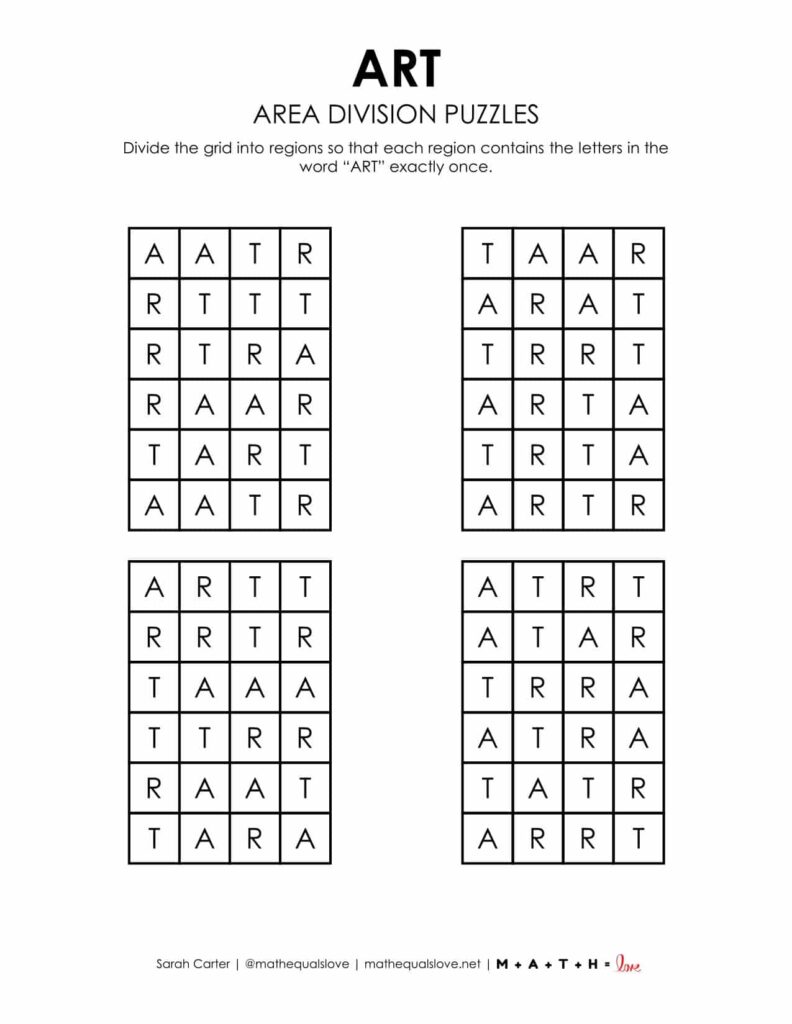 art area division logic puzzle free printable pdf. 