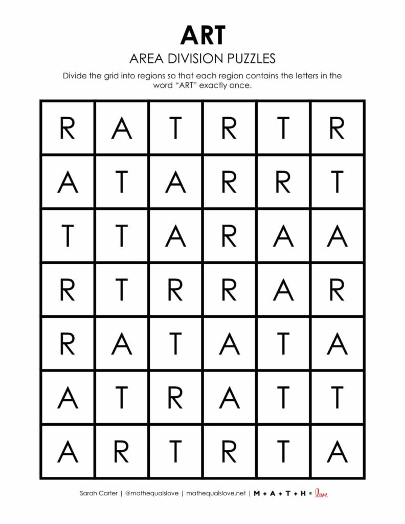 art area division logic puzzle free printable pdf. 